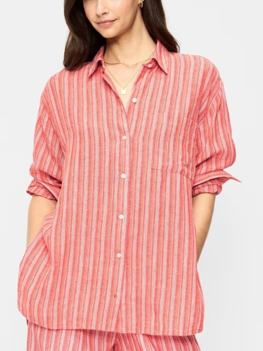 Never Worn Old Navy Linen-Blend Button-Down Long Sleeve Shirt Size L Orange